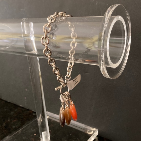 Silver Tone Bracelet/Simulated Cat's Eye Heart Charms/Autumn Colors/7 1/4 Inch - Picture 2 of 3